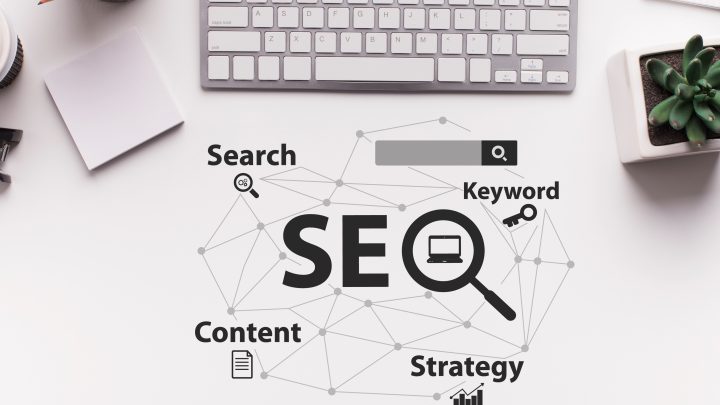 Seo-Optimization Scheme Over White Office Desk Background, Collage, Top View