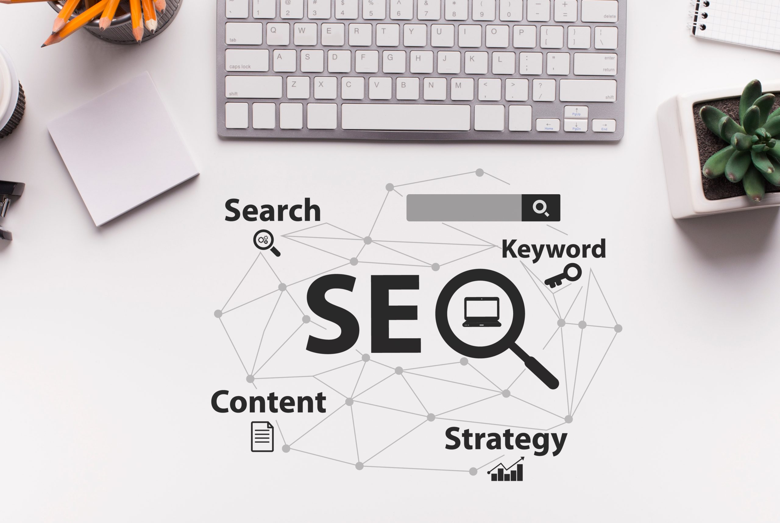 Seo-Optimization Scheme Over White Office Desk Background, Collage, Top View