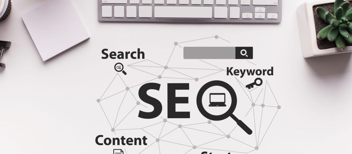 Seo-Optimization Scheme Over White Office Desk Background, Collage, Top View