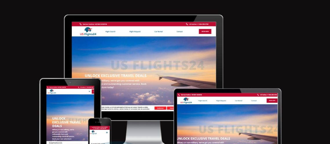 Darstellung der US Flights24-Website auf einem Laptop, Tablet und Smartphone mit einem Flugzeug-Logo.